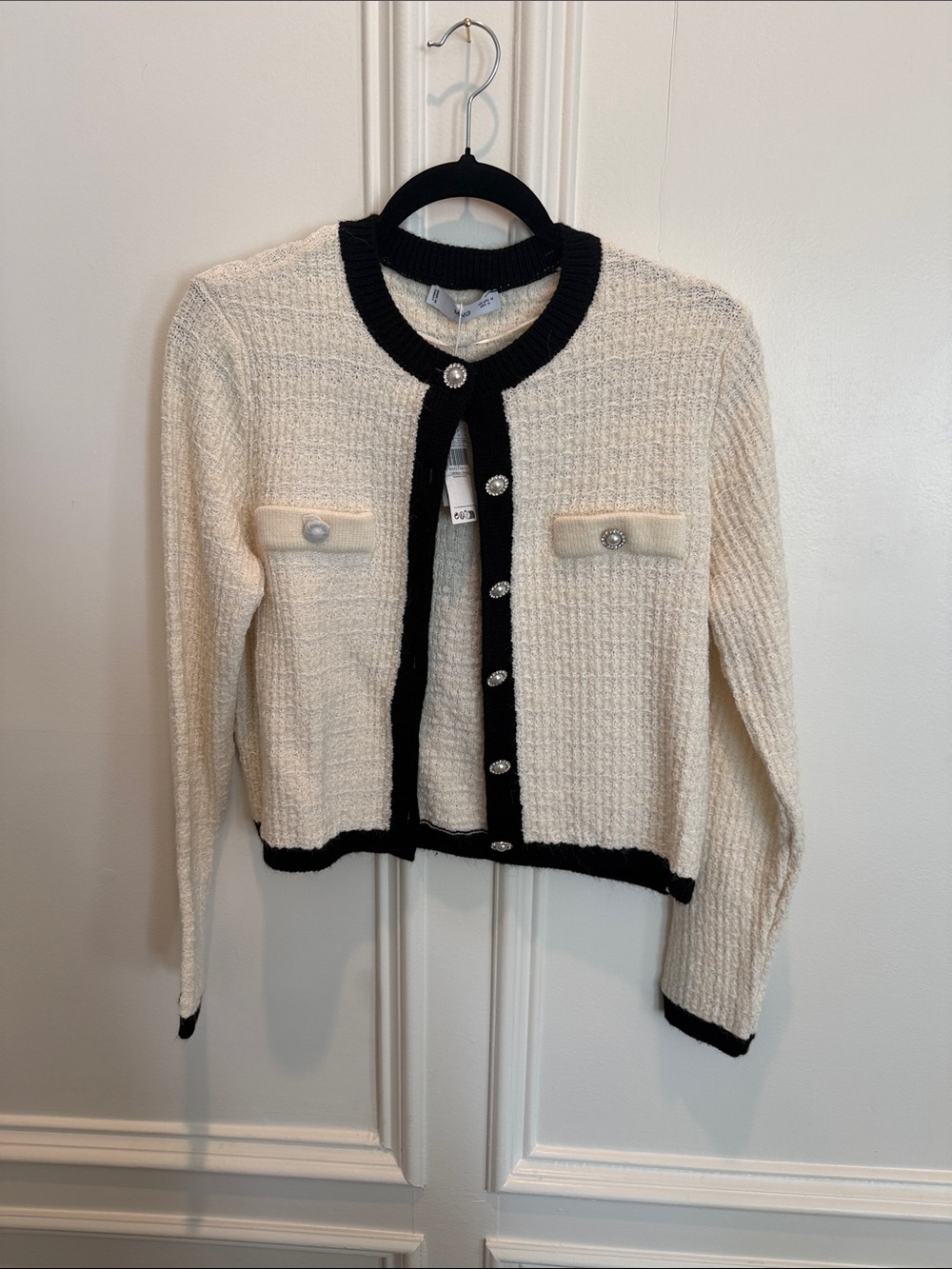 Mango Cream Knit Cardigan with Black Trim and Pearl Buttons